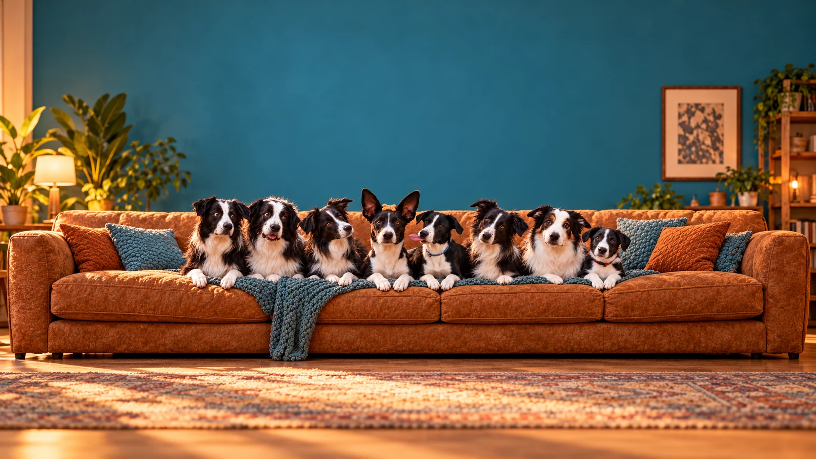 Acht honden samen op een oranje bank.